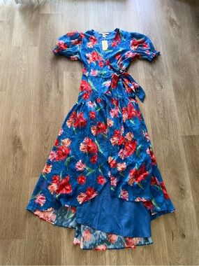 hutch blue floral print wrap maxi summer sun dress size small NEW